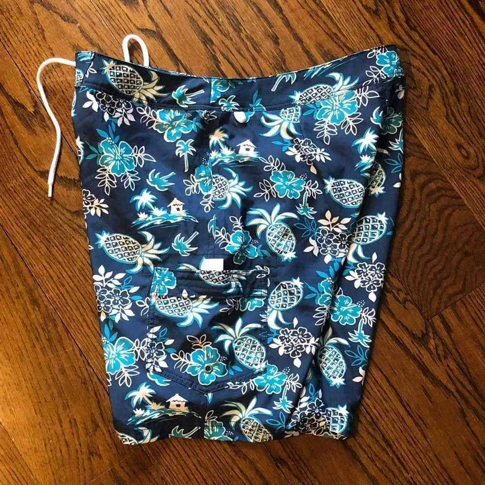 J.Crew Mens Lined Swim Trunks Hawaiian Navy Turquoise Sz 33 NWT